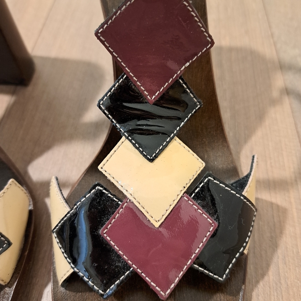 Miu Miu Black, Cream & Burgundy Geometric Heeled Sandals (Size EU 41/US 10) - Picture 4 of 5